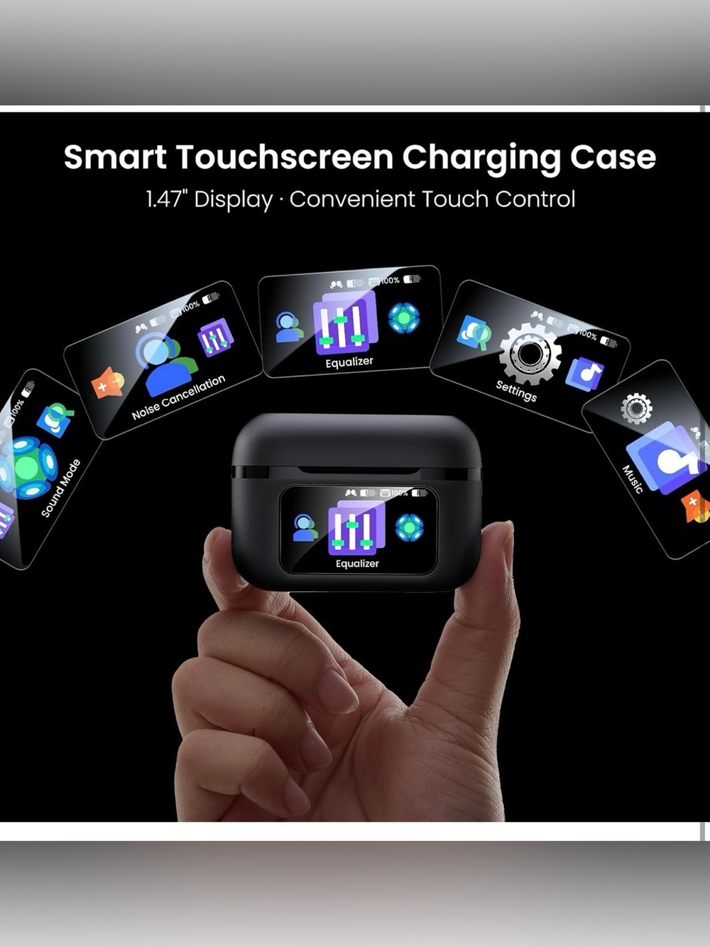 Wireless Earbuds Charging Case with 1.47" Smart Touchscreen - Black